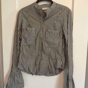 Frame Denim Olive Green and White Striped Shirt